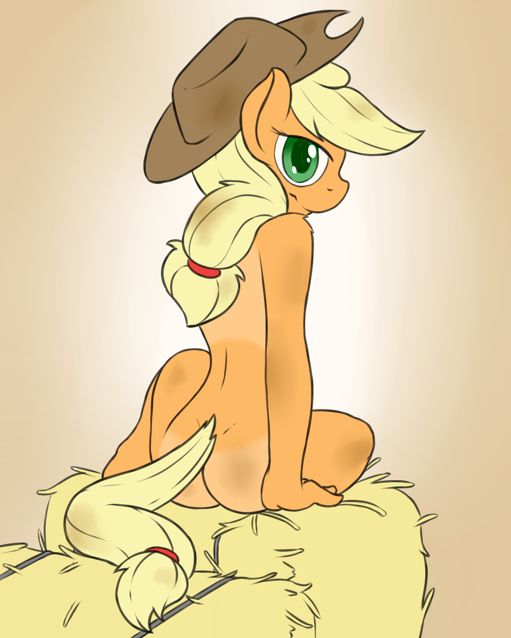 anthro applejack_(mlp) blonde_hair equine facing_away fearingfun female friendship_is_magic green_eyes hair horse looking_at_viewer looking_back mammal my_little_pony nude pony sitting smile solo tan_line