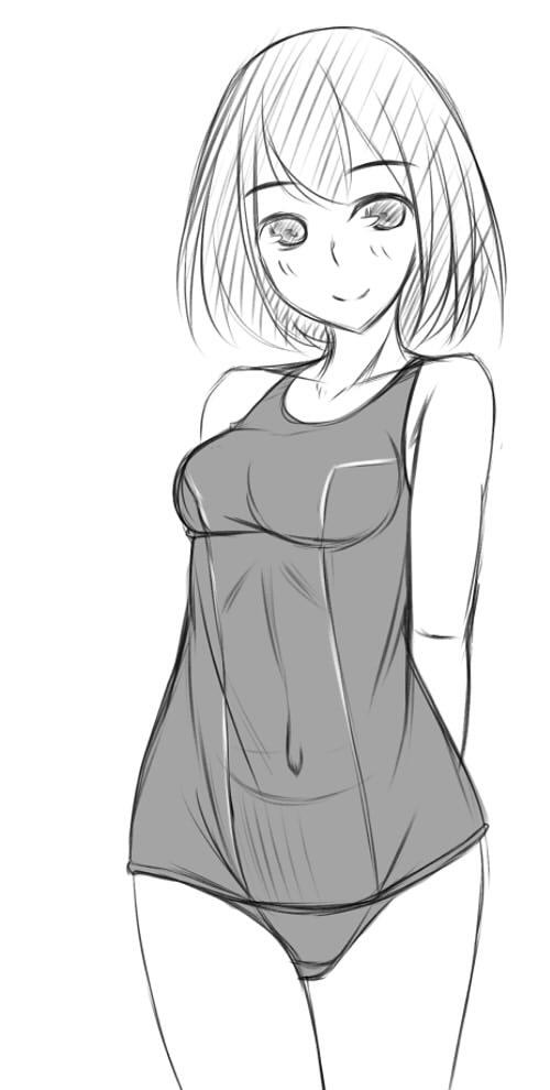arms_behind_back blush breasts greyscale isoro_(myouan) looking_at_viewer medium_breasts monochrome myouan original short_hair simple_background smile solo white_background