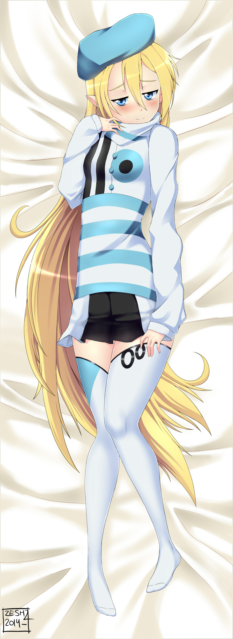 1girl absurdres blonde_hair blue_eyes blush dakimakura deviantart_thumbnail highres long_hair thighhighs very_long_hair white_clothes white_legwear zeshgolden