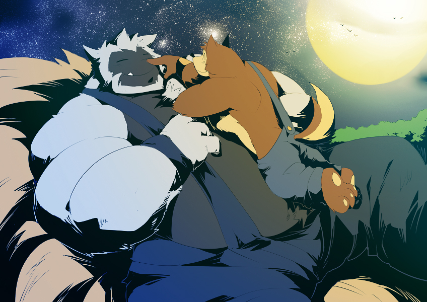anthro anthrofied back belly canine chubby clothed clothing eyes_closed fur hay kokuhane langdon_marston lying male mammal moon night nintendo obese outside overalls overweight pants paws pok&#233;mon sky sleeping smile snorlax stars suspenders topless video_games white_fur wolf wuffle