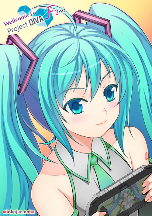 aqua_hair detached_sleeves handheld_game_console hatsune_miku long_hair necktie playstation_vita project_diva_(series) project_diva_f_2nd smile solo takejun twintails very_long_hair vocaloid