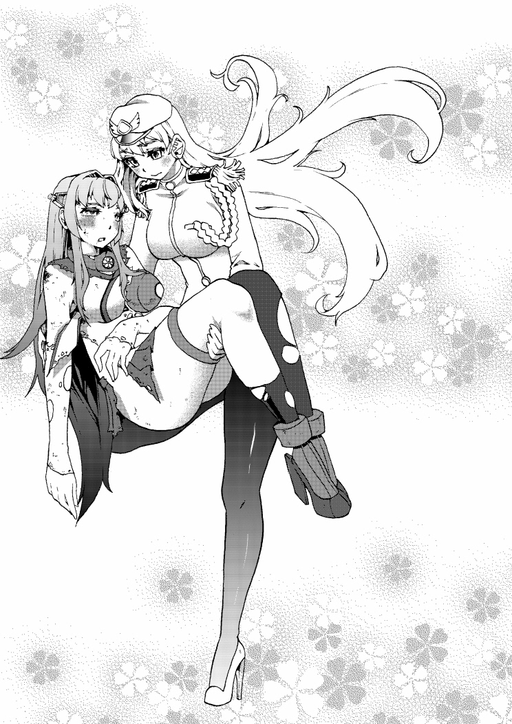 breasts carrying comic female_admiral_(kantai_collection) greyscale hat kantai_collection large_breasts long_hair military military_uniform monochrome multiple_girls naval_uniform pantyhose princess_carry smh1069 thighhighs torn_clothes uniform yamato_(kantai_collection)