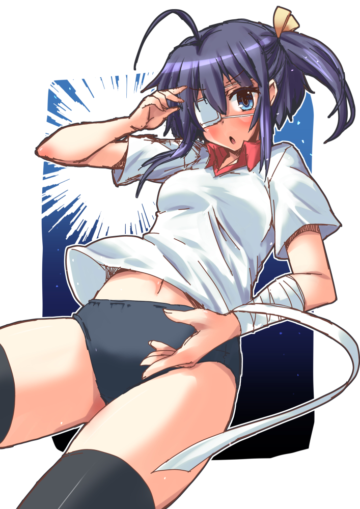 bandages black_hair black_legwear blue_eyes buruma chuunibyou_demo_koi_ga_shitai! eyepatch gym_uniform shinshin short_hair side_ponytail solo takanashi_rikka thighhighs