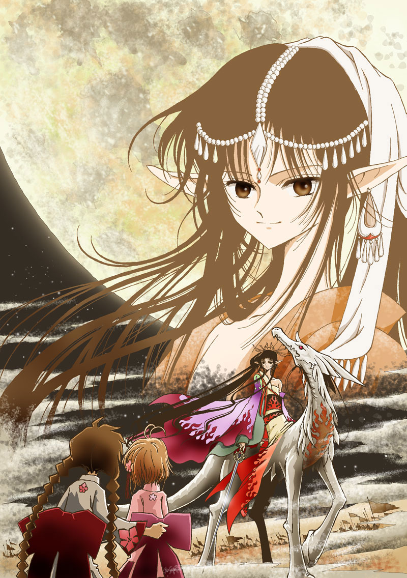 1girl ahoge androgynous army artist_request ashura banner black_hair bow braid brown_hair colorized commentary_request creature crossdressing earrings fog forehead_jewel from_behind hair_ornament japanese_clothes jewelry kimono large_bow light_smile long_hair moon muted_color night night_sky pennant pointy_ears riding sakura_hime short_hair sky star_(sky) starry_sky sword tsubasa_chronicle twin_braids upper_body very_long_hair weapon wig xiaolang zoom_layer