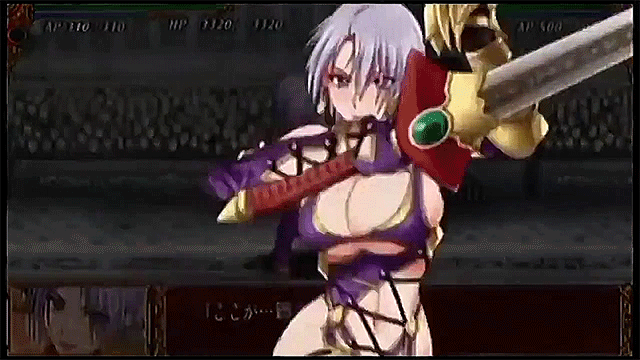 1girl animated animated_gif bouncing_breasts breasts game gloves hips isabella_valentine jiggle midriff namco navel queen's_blade_spiral_chaos shiny shiny_skin soul_calibur sword white_hair