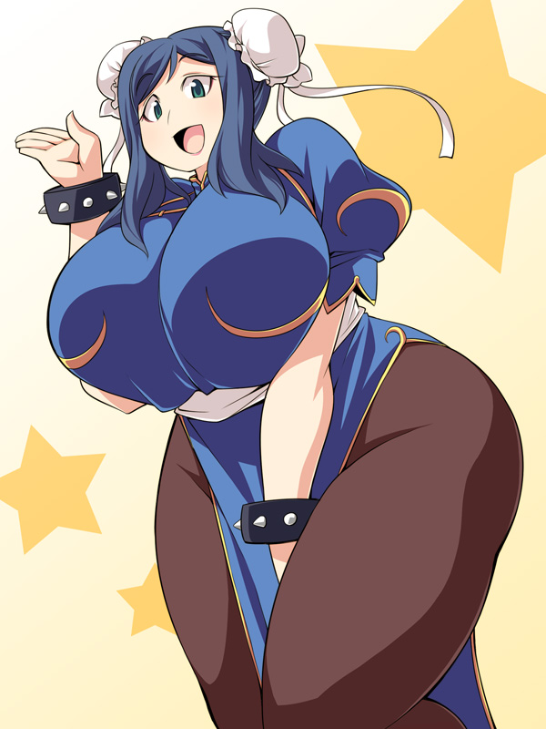1girl aqua_eyes blue_hair bracer breasts chinese_clothes chun-li cosplay female gundam gundam_build_fighters hair_bun huge_breasts iori_rinko milf no_panties open_mouth pantyhose solo standing street_fighter sunrise_(company) thick_thighs thighs ushi wide_hips