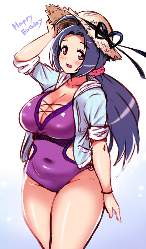 1girl ahoge blue_hair breasts cleavage female hat huge_breasts idolmaster long_hair miura_azusa one-piece_swimsuit open_mouth red_eyes shirt solo standing swimsuit yokkora