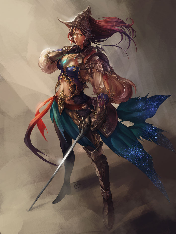 armor blue_eyes fuji_q gauntlets hat long_hair original rapier red_hair solo sword weapon