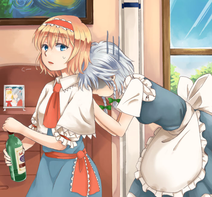 alice_margatroid apron bent_over blonde_hair blue_eyes bottle bow braid capelet chest_of_drawers dress gloom_(expression) hair_bow hairband head_on_shoulder hijiki_(hijiri_st) indoors izayoi_sakuya leaning_on_person lolita_hairband looking_at_viewer multiple_girls no_headwear painting_(object) parted_lips photo_(object) picture_frame ribbon sash shaded_face shinki short_hair short_sleeves silver_hair sweatdrop touhou touhou_(pc-98) twin_braids waist_apron window