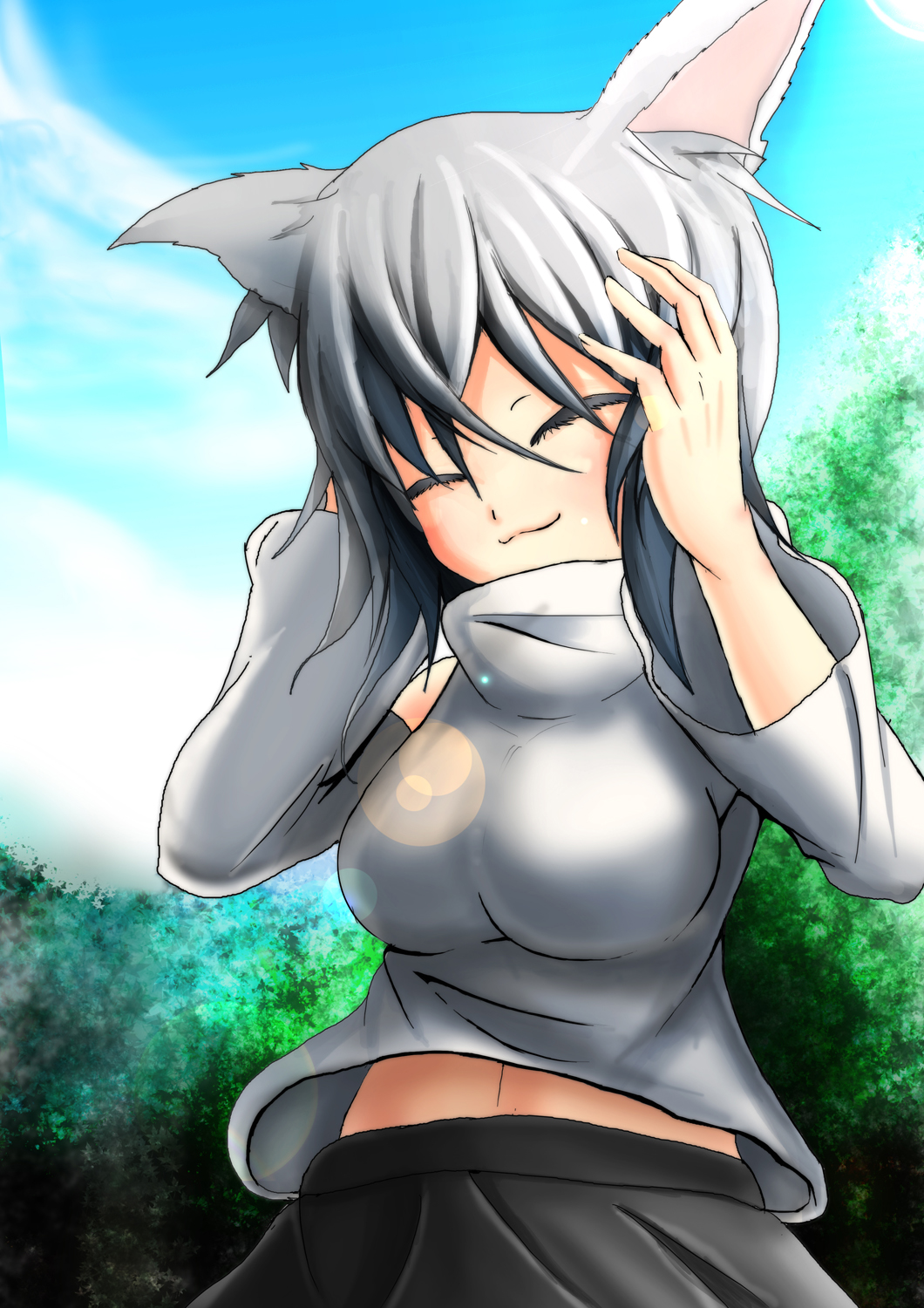 :3 ^_^ animal_ears bare_shoulders blush breasts closed_eyes day detached_sleeves hand_on_own_head happy highres inubashiri_momiji kitazawa3 large_breasts navel no_hat no_headwear short_hair silver_hair skirt sky smile solo touhou wolf_ears