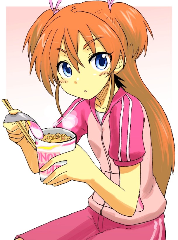 1girl black_background blue_eyes choutako flat_chest food houjou_hibiki long_hair looking_at_viewer noodles orange_hair precure ramen small_breasts solo source_request suite_precure track_suit tracksuit white_background