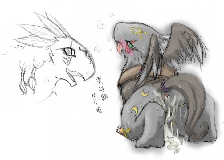avian back_turned blush breath butt chibi cum cum_on_butt female garion gryphon japanese_text legendz looking_at_viewer looking_back mercurochrome pussy raised_tail solo text tongue tongue_out wings