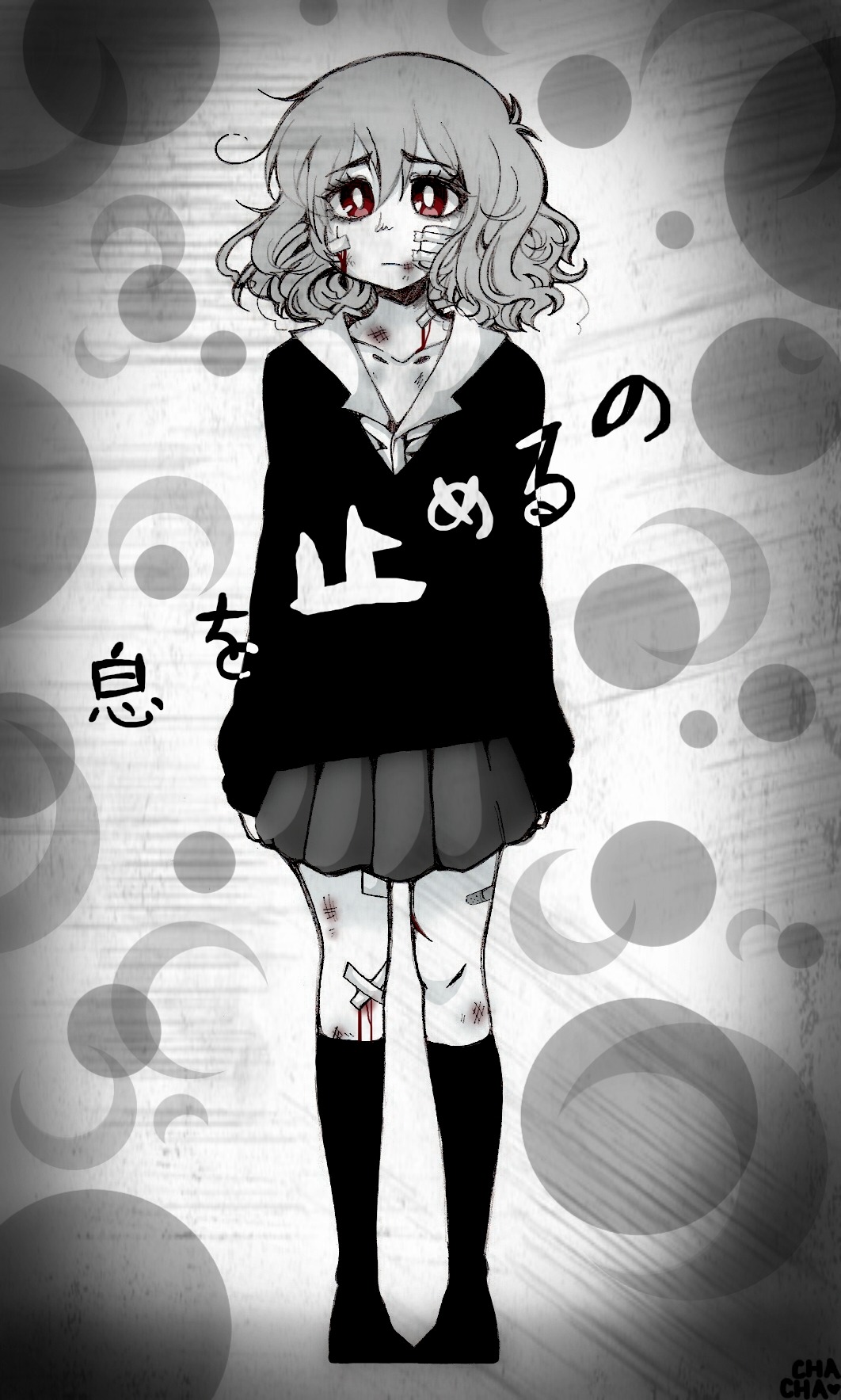 1girl artist_request axis_powers_hetalia bandage bandages blood bloody_bandages character_request crossover full_body greyscale highres kneehighs monochrome red_eyes rolling_girl_(vocaloid) sad school_uniform solo