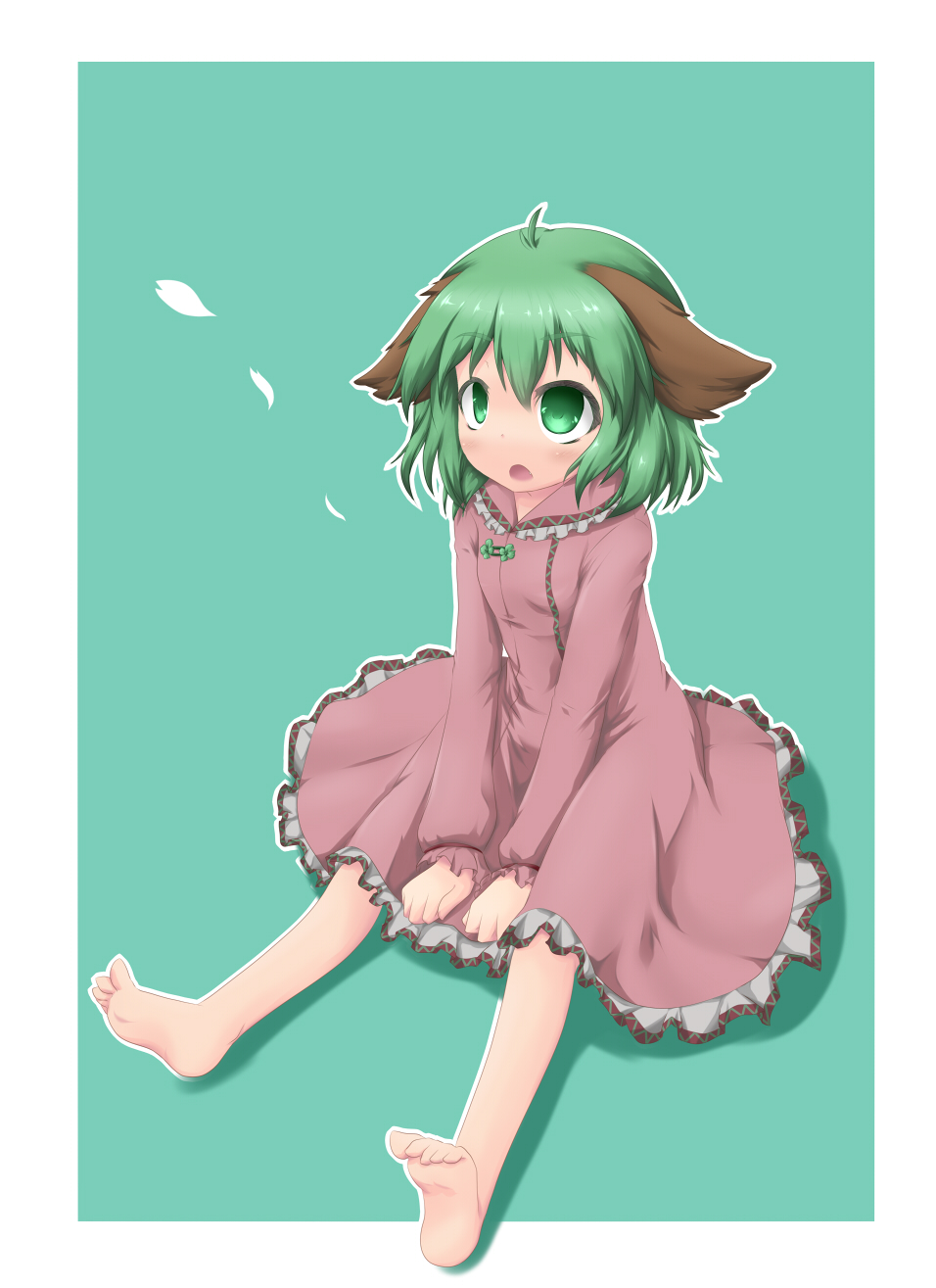 :o animal_ears barefoot between_legs dress fang frilled_dress frills green_eyes green_hair hand_between_legs highres kasodani_kyouko killing long_sleeves pink_dress short_hair sitting solo touhou