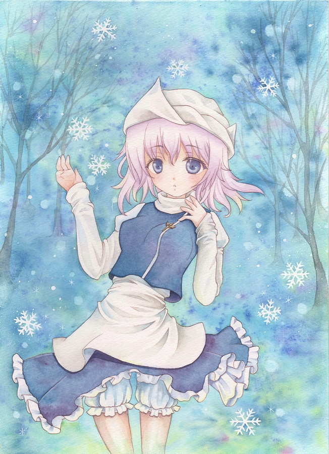 :o apron bare_tree bloomers blue_background blue_eyes brooch cerenity forest hand_on_own_chest hand_up hat high_collar jewelry lavender_hair leaning_back letty_whiterock long_sleeves looking_at_viewer nature short_hair skirt skirt_set snowflakes solo touhou traditional_media tree underwear waist_apron watercolor_(medium) wind