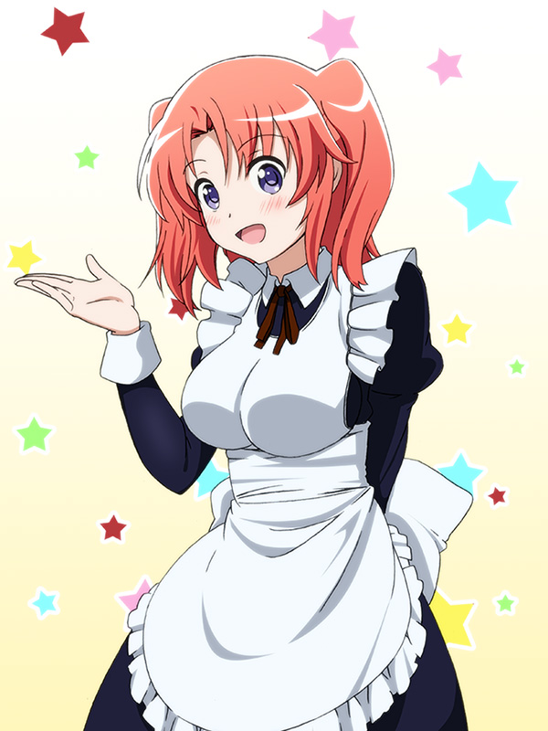 :d alternate_costume apron arm_behind_back blush breasts collared_shirt enmaided hand_up large_breasts lavoy_(kurakuro) looking_at_viewer maid maid_apron mikakunin_de_shinkoukei open_mouth pink_hair purple_eyes shirt short_hair smile solo star starry_background two_side_up yonomori_kobeni