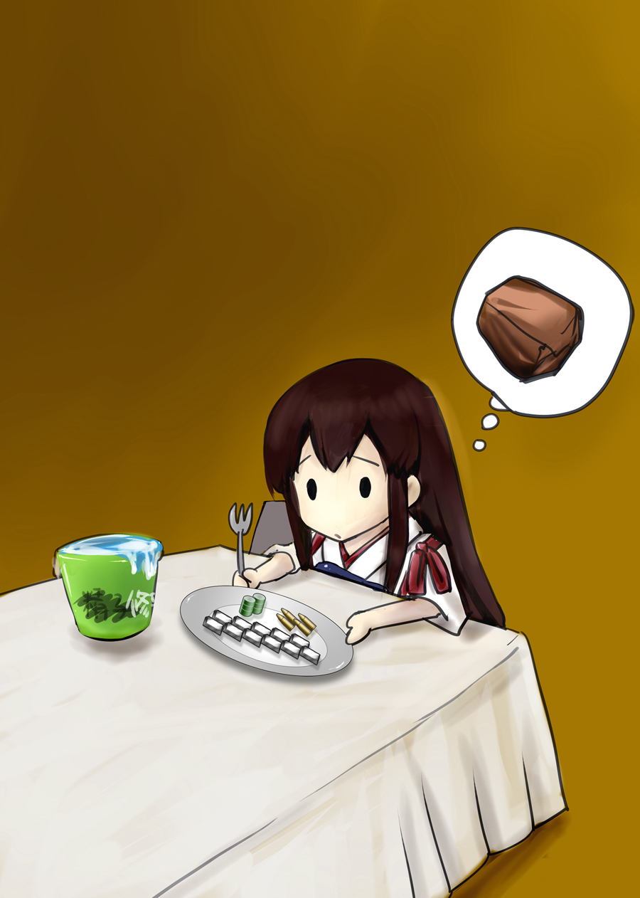 2_fuel_4_ammo_11_steel akagi_(kantai_collection) bauxite brown_hair bucket fine_art_parody fork highres i_asked_for_scrambled kantai_collection kimura_shuuichi long_hair muneate parody plate solid_oval_eyes solo table water