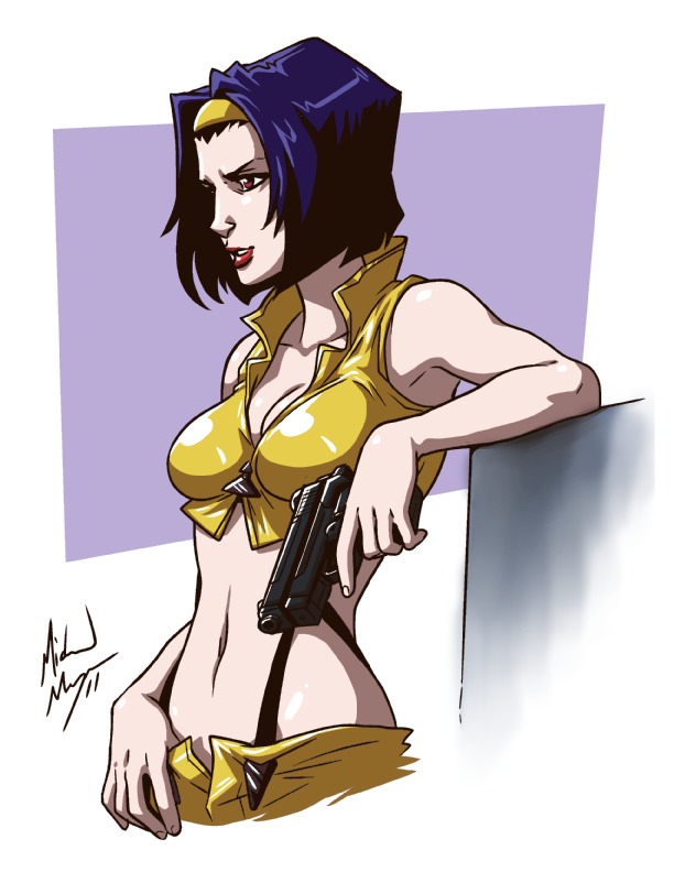 breasts cleavage cowboy_bebop crop_top faye_valentine glock gun hairband handgun highleg highleg_panties lips lipstick makeup medium_breasts michael_mayne midriff navel open_fly panties pistol purple_hair red_eyes short_hair sleeveless solo trigger_discipline underwear unzipped upper_body weapon yellow_hairband