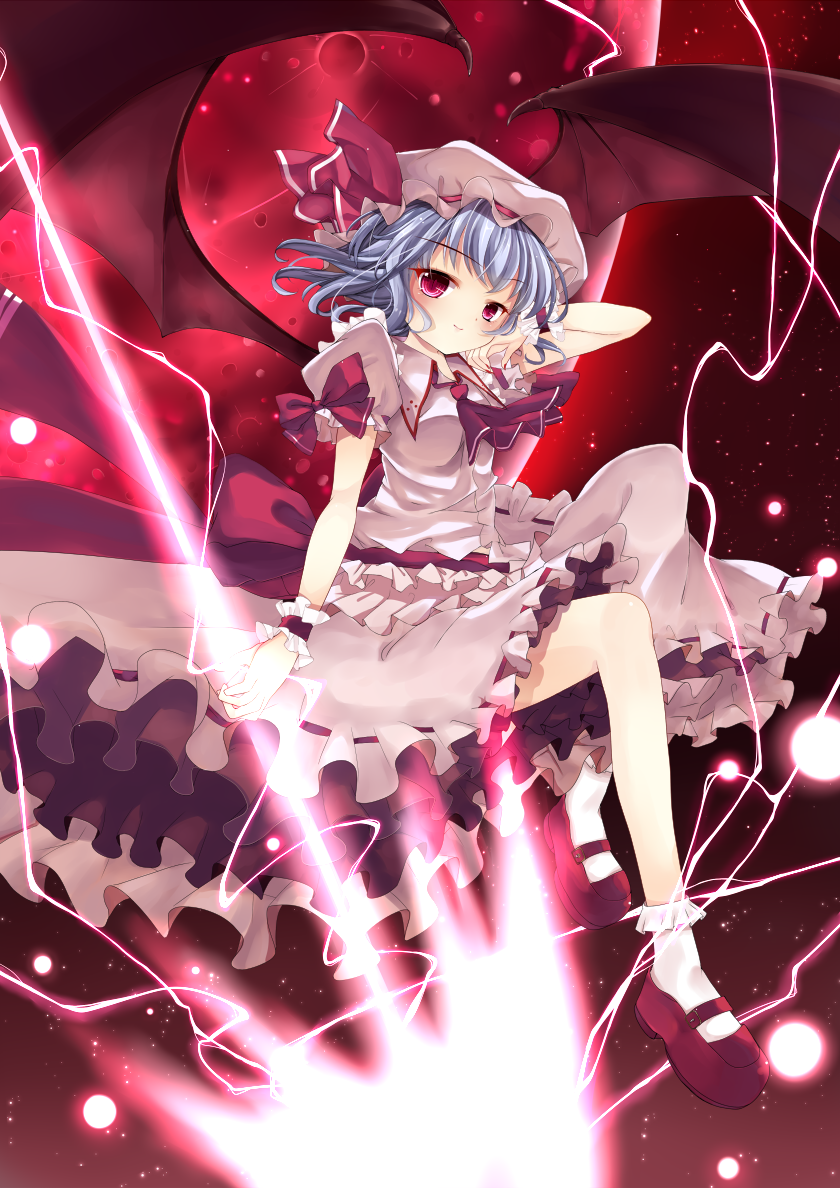 abusoru ascot bat_wings blue_eyes dress full_moon hand_in_hair hat hat_ribbon looking_at_viewer mary_janes mob_cap moon night pink_dress pink_eyes puffy_sleeves red_moon remilia_scarlet ribbon sash shoes short_sleeves sky smile solo spear_the_gungnir touhou wings wrist_cuffs