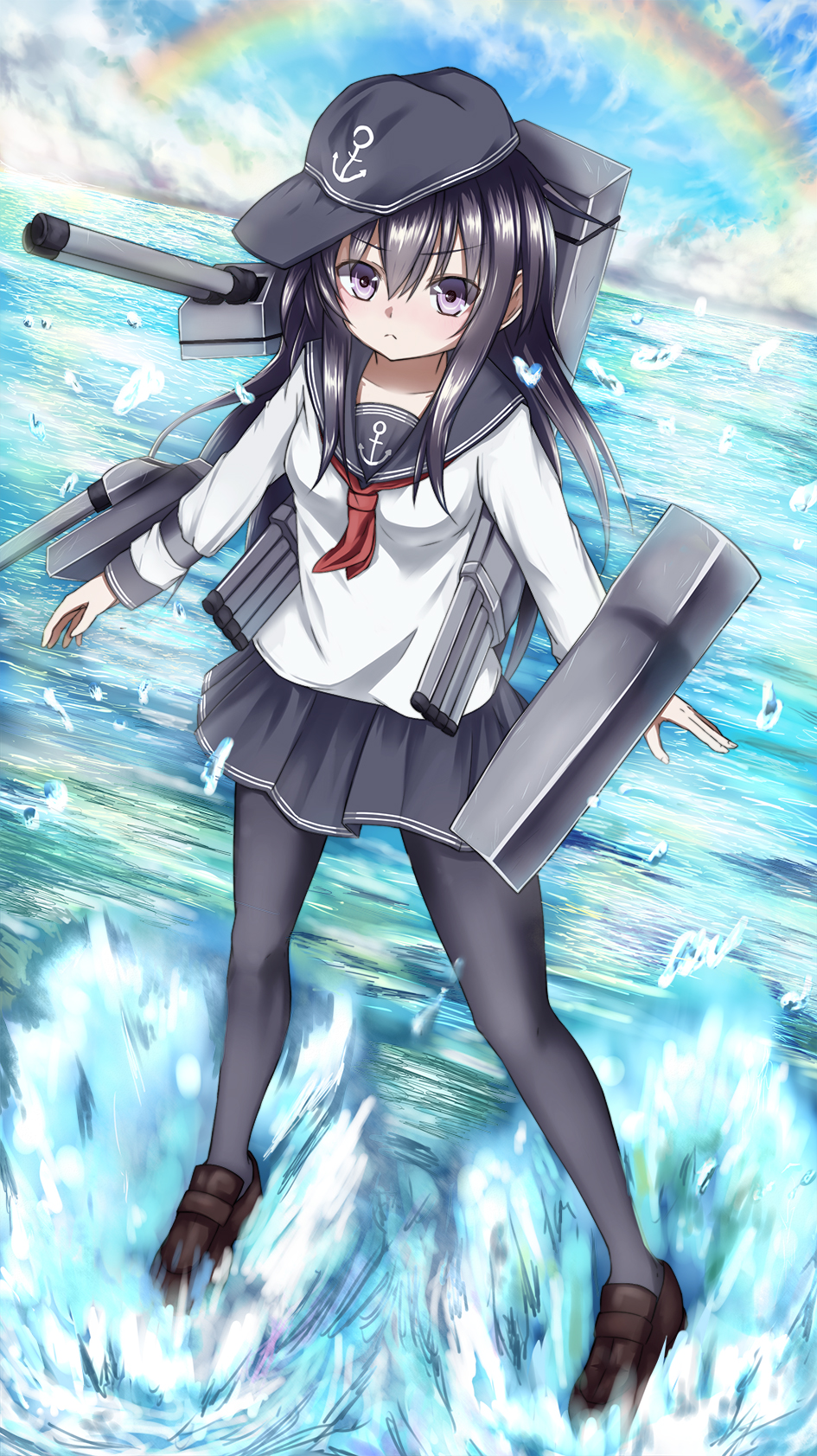 akatsuki_(kantai_collection) black_hair black_legwear hat highres kantai_collection kyuupura long_hair pantyhose rainbow school_uniform serafuku solo water