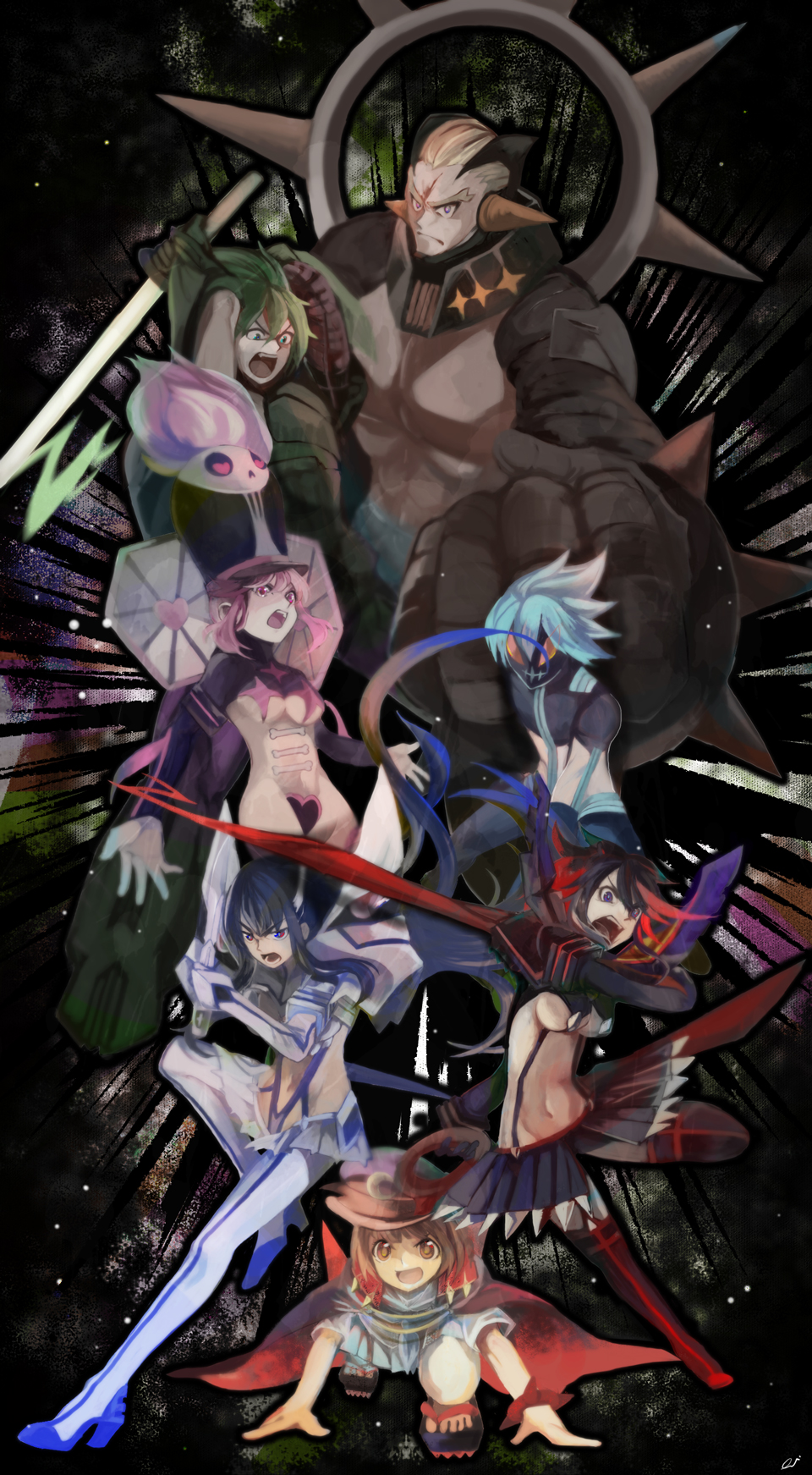 4girls bad_id bad_pixiv_id black_hair blade_regalia blonde_hair blue_hair breasts brown_hair gamagoori_ira green_hair hat highres inumuta_houka jakuzure_nonon junketsu kill_la_kill kiryuuin_satsuki mankanshoku_mako matoi_ryuuko medium_breasts multiple_boys multiple_girls open_mouth pink_hair probe_regalia sanageyama_uzu scissor_blade scourge_regalia senketsu shako_cap spoilers symphony_regalia underboob weapon yyunnyu717