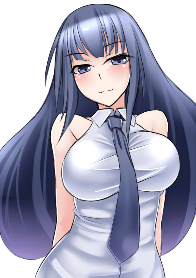 arms_behind_back blush breasts kurosaka_miori large_breasts long_hair looking_at_viewer myouan necktie original simple_background smile solo very_long_hair white_background