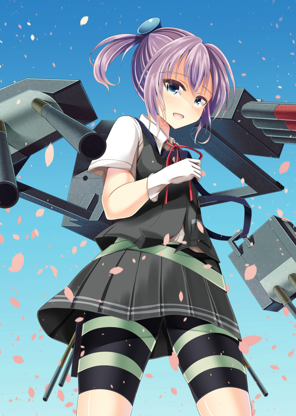 :d bad_id bad_pixiv_id bike_shorts blue_background blue_eyes collared_shirt cowboy_shot eyebrows_visible_through_hair from_below gloves gradient gradient_background hair_ornament highres kantai_collection komikku looking_at_viewer machinery neck_ribbon open_mouth petals pink_hair pleated_skirt ponytail red_neckwear red_ribbon ribbon rigging school_uniform shiranui_(kantai_collection) shirt short_ponytail short_sleeves shorts shorts_under_skirt skirt smile solo turret vest white_gloves white_shirt
