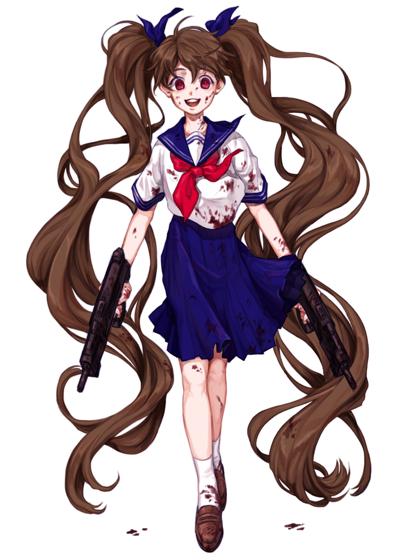 bad_id bad_pixiv_id bangs blood blood_on_face blood_stain bloody_clothes blue_sailor_collar bow brown_hair full_body gun hair_bow hair_ribbon hum_(fpswp777) loafers long_hair looking_at_viewer open_mouth original pleated_skirt red_eyes ribbon sailor_collar school_uniform serafuku shoes skirt smile socks solo standing transparent_background twintails very_long_hair walking weapon white_legwear wide-eyed wind yandere