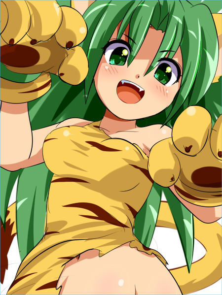animal_ears animal_print bare_shoulders cat_ears cat_paws cham_cham fangs gloves green_eyes green_hair konpeto long_hair looking_at_viewer navel open_mouth paw_gloves paws samurai_spirits snk solo tail tiger_print