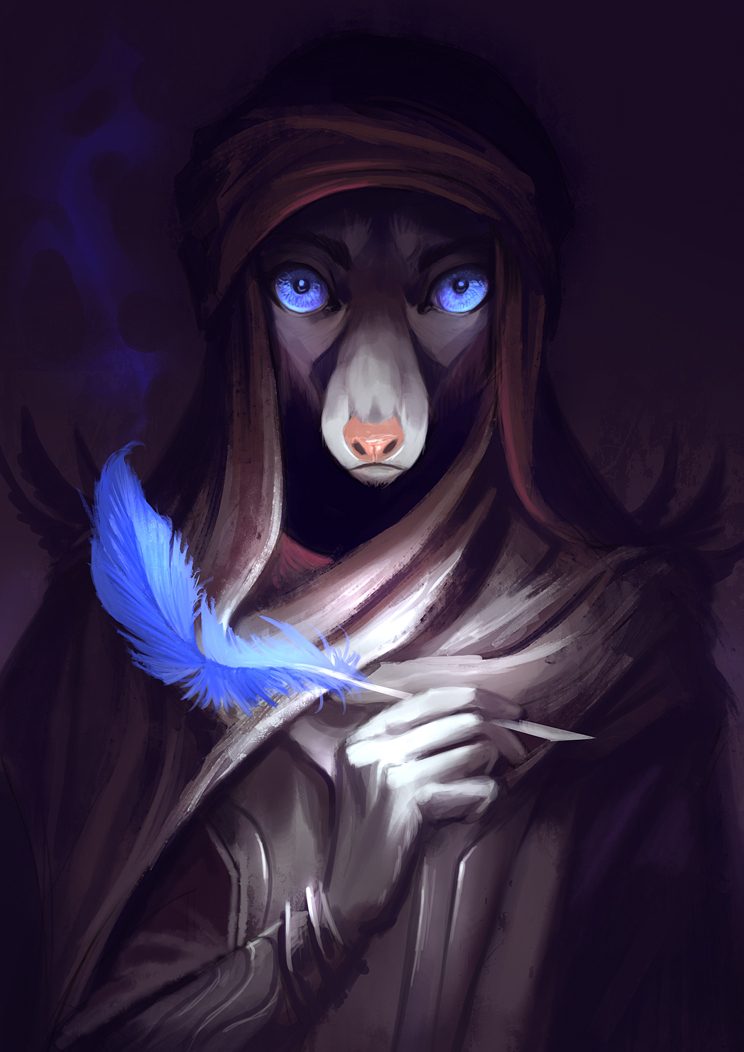 alectorfencer ambiguous_gender blue_eyes eyes_closed feather headwear looking_at_viewer quill solo unknown_species