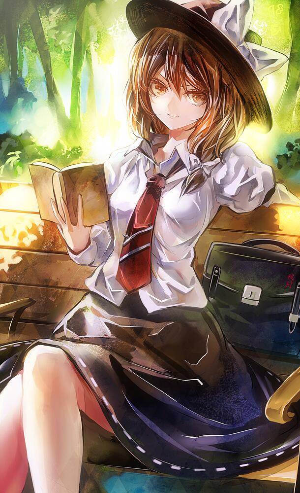 bag banned_artist bench book bow brown_eyes brown_hair hair_bow hair_ornament hat hat_ribbon juliet_sleeves kozou_(soumuden) long_sleeves looking_at_viewer nature necktie open_book parted_lips puffy_sleeves ribbon shirt short_hair sitting skirt smile solo touhou tree usami_renko white_shirt