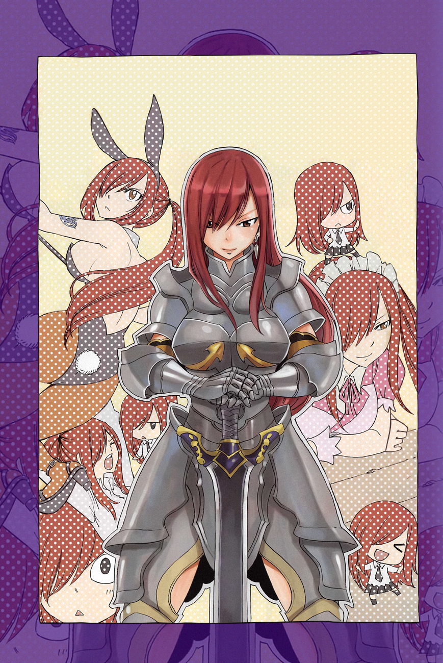 1girl armor breasts bunnysuit chibi erza_scarlet fairy_tail hair_over_one_eye large_breasts mashima_hiro official_art red_hair sideboob sword weapon