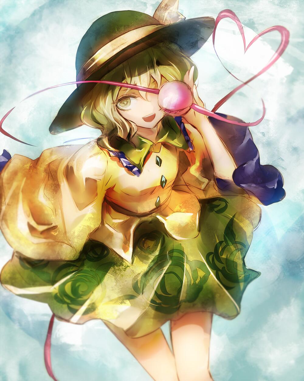 banned_artist blue_background covering covering_one_eye eyeball floral_print green_eyes green_hair hat hat_ribbon heart heart_of_string highres komeiji_koishi kozou_(soumuden) long_sleeves looking_at_viewer open_mouth ribbon shirt short_hair simple_background skirt smile solo string third_eye touhou wide_sleeves