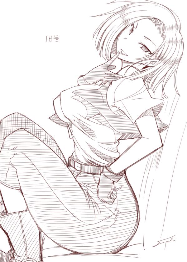 android_18 breasts dragon_ball fue_(rhomphair) large_breasts monochrome short_hair solo