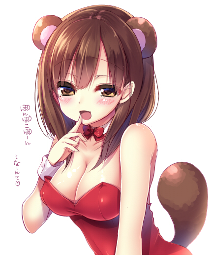 anegasaki_nene animal_ears blush bow bowtie breasts brown_eyes brown_hair cleavage detached_collar finger_to_mouth large_breasts leotard looking_at_viewer love_plus masayu mole mole_under_eye playboy_bunny_leotard raccoon_ears raccoon_tail red_leotard short_hair simple_background smile solo tail translation_request white_background wrist_cuffs