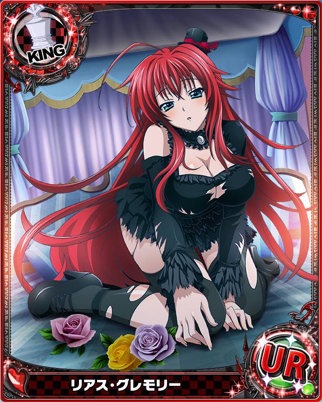 ahoge blue_eyes breasts card_(medium) character_name chess_piece cleavage cleavage_cutout flower frills hat high_school_dxd huge_ahoge king_(chess) large_breasts long_hair looking_at_viewer mini_hat mini_top_hat official_art pantyhose parted_lips red_hair rias_gremory solo top_hat torn_clothes torn_legwear trading_card very_long_hair