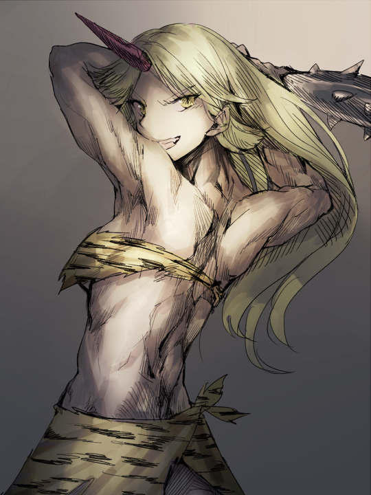 alternate_costume animal_print armpits arms_up back blonde_hair bra club fang geppewi grey_background horn hoshiguma_yuugi long_hair looking_at_viewer muscle oni simple_background skirt smile solo spiked_club tiger_print touhou underwear weapon yellow_eyes