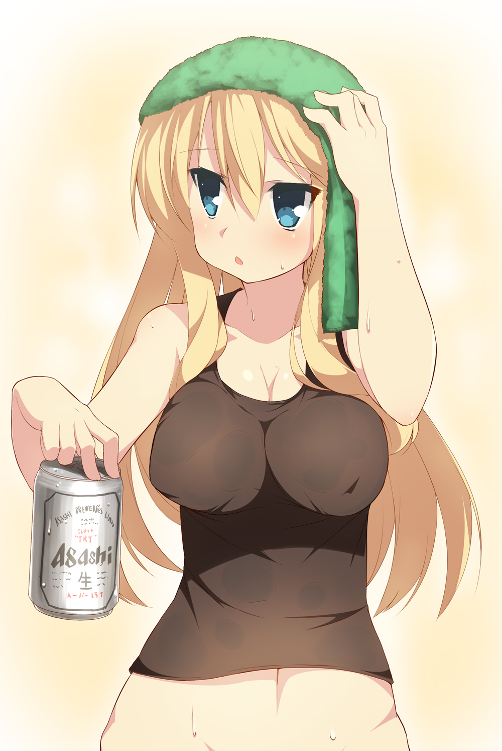 alcohol asahi_breweries beer beer_can bismarck_(kantai_collection) blonde_hair blue_eyes blush breasts can cleavage highres hoppege kantai_collection large_breasts long_hair solo tank_top towel towel_on_head wet