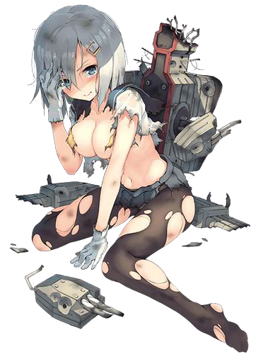 aa_gun adjusting_hair banned_artist blue_eyes blush breasts cannon closed_mouth damaged full_body gloves grey_skirt hair_ornament hair_over_one_eye hamakaze_(kantai_collection) kantai_collection looking_at_viewer medium_breasts official_art pantyhose paseri pleated_skirt short_hair short_sleeves silver_hair skirt solo thigh_strap torn_clothes torn_legwear transparent_background turret white_gloves