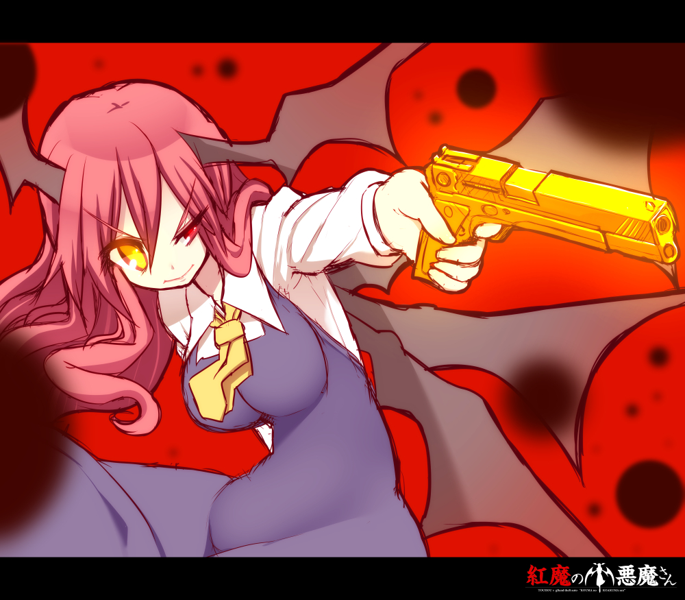 &gt;:) breasts demon_wings finger_on_trigger golden_gun gun handgun head_wings heterochromia holding holding_gun holding_weapon koakuma kuresento large_breasts left-handed long_hair red_eyes red_hair sketch smile solo touhou uneven_eyes v-shaped_eyebrows weapon wings yellow_eyes
