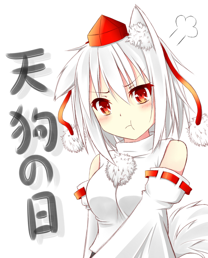 :t angry animal_ears bare_shoulders blush breasts detached_sleeves hat hino_(kagami) inubashiri_momiji looking_at_viewer medium_breasts pom_pom_(clothes) red_eyes short_hair silver_hair simple_background solo tail tokin_hat touhou translated white_background wolf_ears