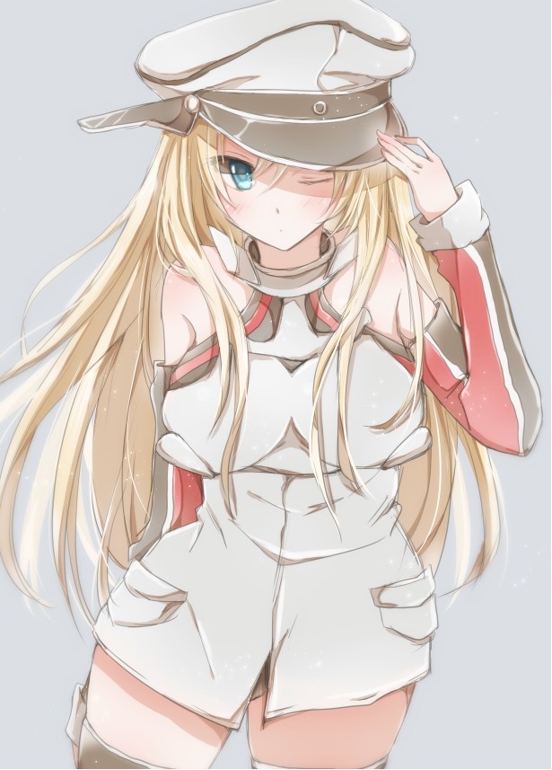 bad_id bad_pixiv_id bismarck_(kantai_collection) blonde_hair blue_eyes breasts hand_on_headwear hat hiro_(hirohiro31) kantai_collection large_breasts long_hair military military_hat military_uniform no_gloves one_eye_closed solo thighhighs uniform