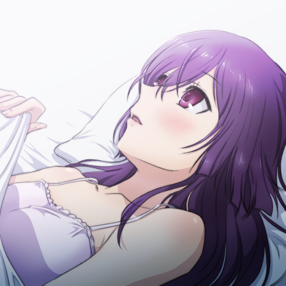 bed_sheet blush dress long_hair lying on_back on_bed open_mouth pillow purple_eyes purple_hair solo tokyo_ravens tsuchimikado_natsume yazwo