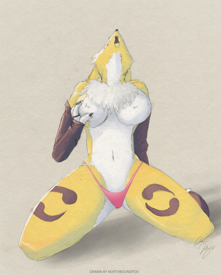 breast_grab breasts canine chest_tuft digimon elbow_gloves female fox fur gloves kneeling mammal navel northboundfox open_mouth plain_background renamon solo spread_legs spreading tuft underwear