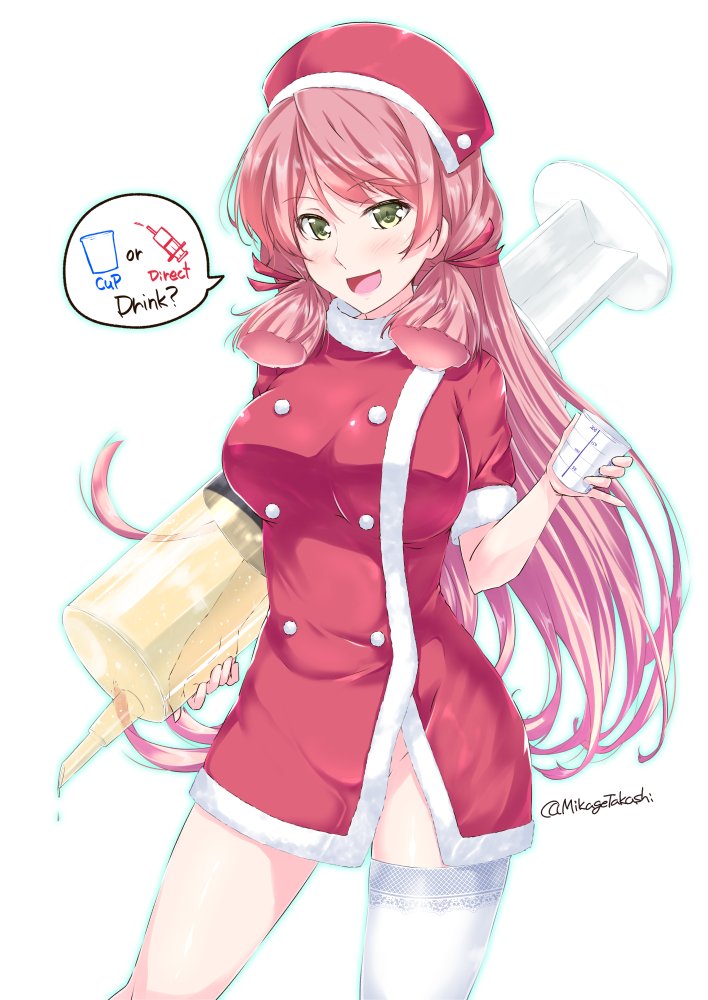 1girl akashi_(kantai_collection) alternate_costume blush breasts cup dress english groin hat kantai_collection large_breasts long_hair looking_at_viewer mikage_takashi no_panties nurse_cap open_mouth oversized_object pink_hair red_dress santa_costume sidelocks single_thighhigh smile solo syringe thighhighs white_legwear