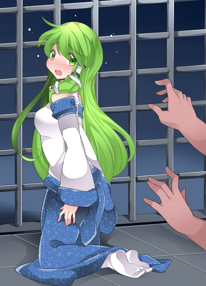 bare_shoulders blush cage commentary_request detached_sleeves green_eyes green_hair hair_ornament hair_tubes hammer_(sunset_beach) kneeling kochiya_sanae long_hair md5_mismatch open_mouth skirt snake_hair_ornament solo_focus touhou
