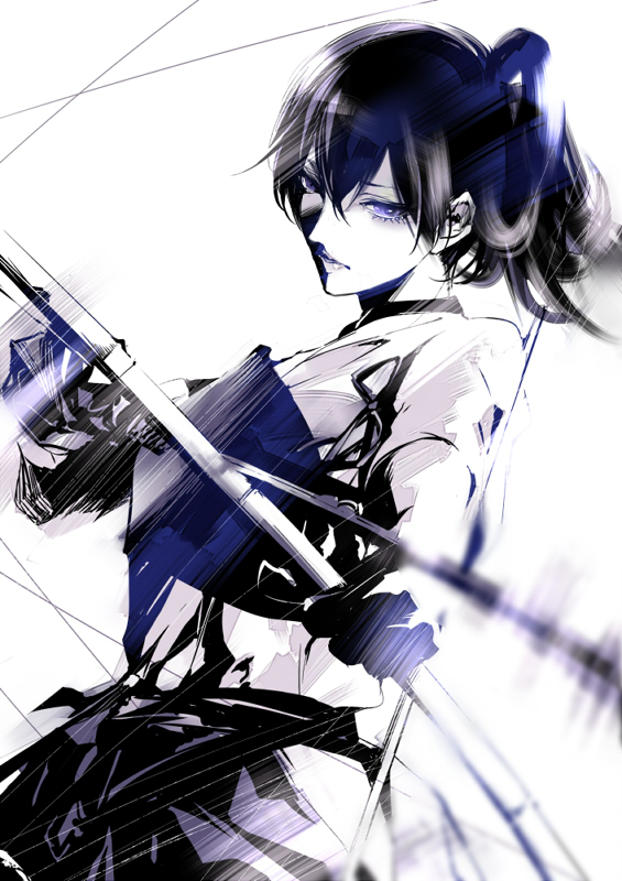 archery arrow black_hair bow_(weapon) drawing_bow eyelashes gloves hakama holding holding_weapon japanese_clothes kaga_(kantai_collection) kantai_collection kiyohara_hiro looking_at_viewer monochrome motion_blur muneate parted_lips partly_fingerless_gloves purple_eyes side_ponytail simple_background solo string tasuki upper_body weapon white_background yugake
