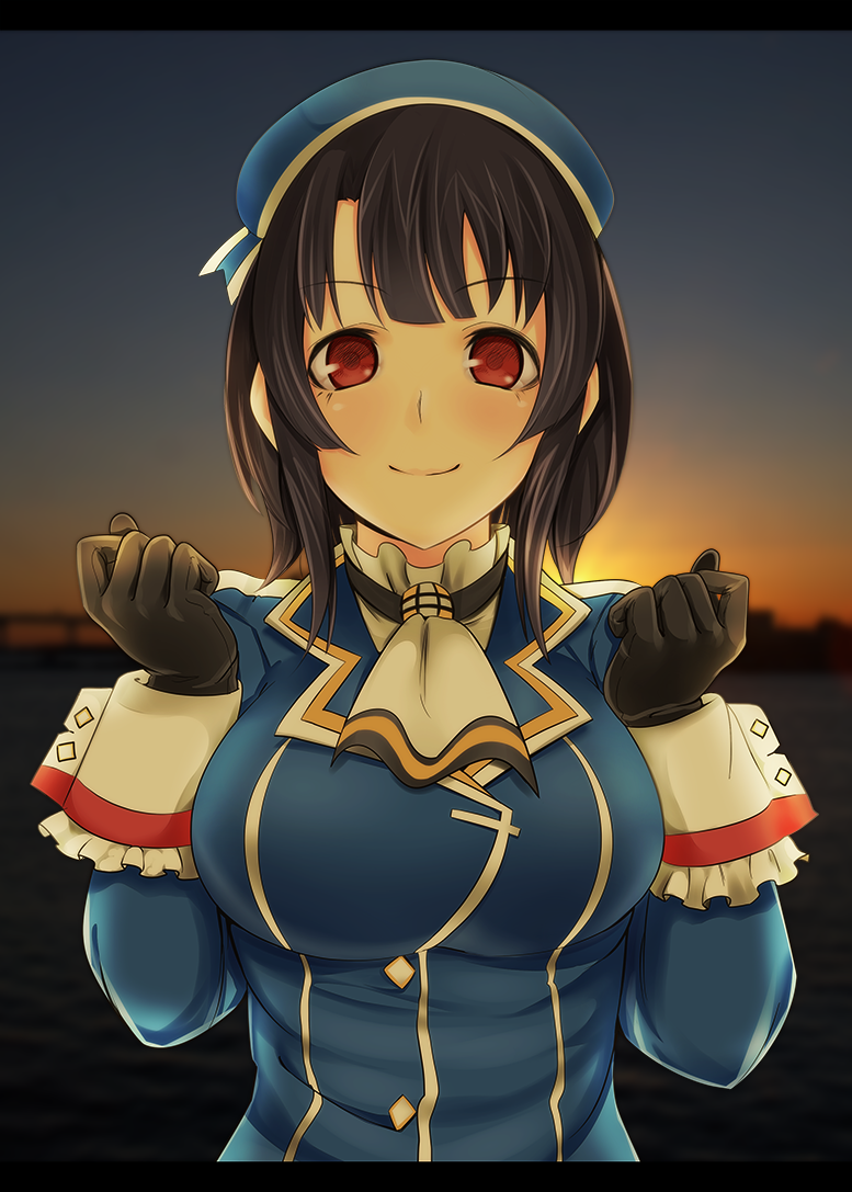 beret black_hair breasts gloves hat kantai_collection konta_(king_show) large_breasts military military_uniform red_eyes short_hair smile solo takao_(kantai_collection) uniform