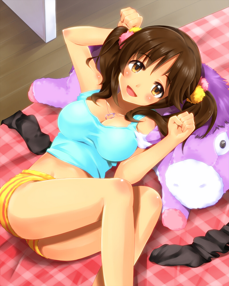 bed_sheet black_legwear blush breasts brown_eyes brown_hair cleavage hair_ornament heart heart_necklace idolmaster idolmaster_cinderella_girls katoma large_breasts looking_at_viewer lying open_mouth paw_pose plaid short_hair short_shorts shorts smile solo stuffed_animal stuffed_toy tank_top totoki_airi twintails