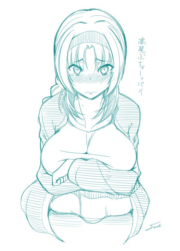 blush breasts covering covering_breasts d-frag! embarrassed female fue_(rhomphair) large_breasts monochrome solo takao_(d-frag!) track_suit white_background
